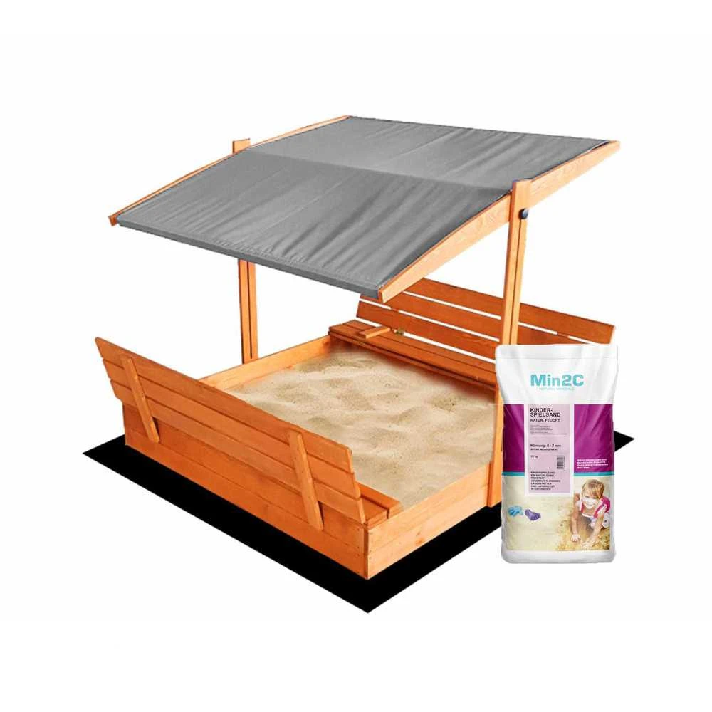 4IQ Impregnuota medinė smėlio dėžė su pilkos spalvos stogeliu ir 250 kg smėlio, 120x120 cm