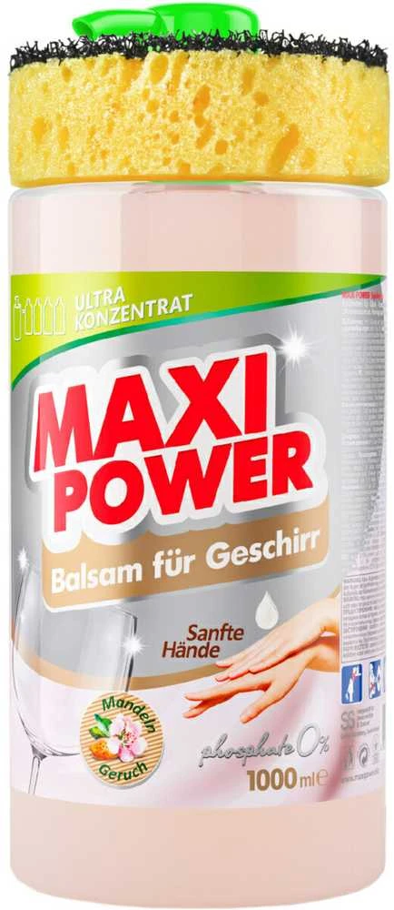 Pagaminta Ukrainoje Koncentruotas indų ploviklis - migdolų kvapo gelis "MAXI POWER" su dozatoriumi ir kempine indams plauti, 1000ml