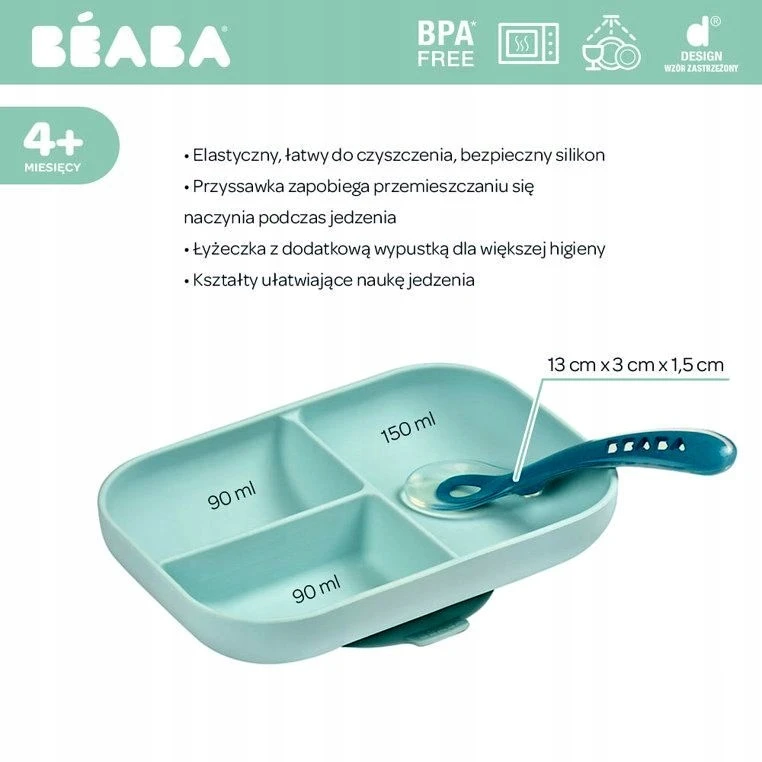 Beaba silikoninė dugnu prilimpanti 3 skyrių lėkštė su šaukšteliu, mėlynas