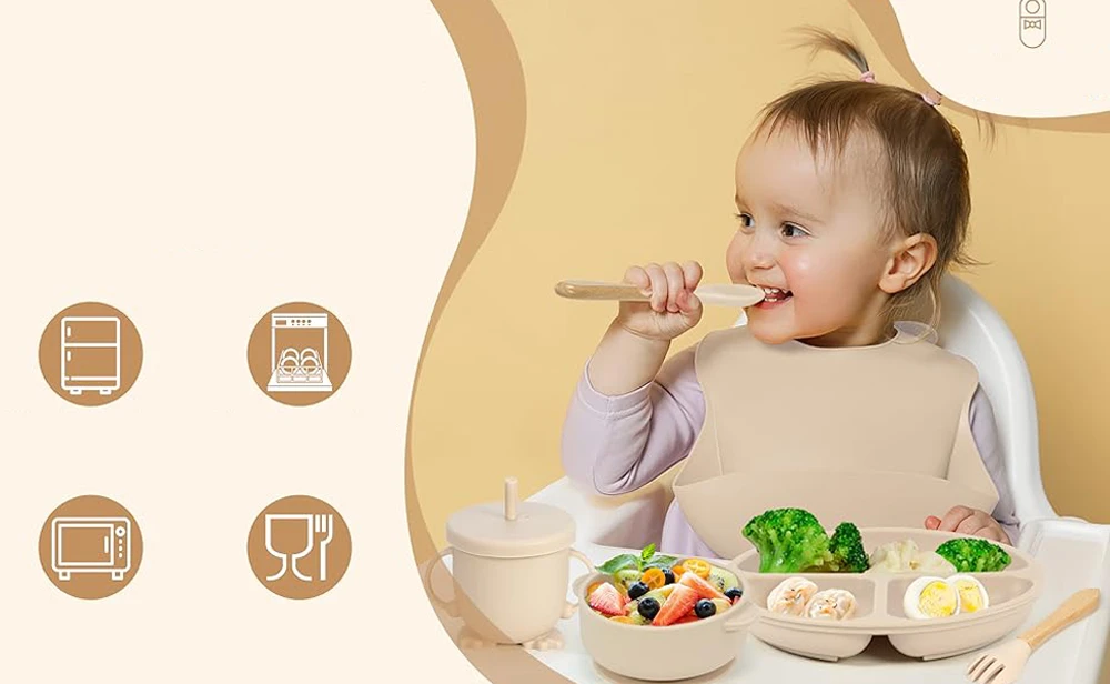 INDŲ RINKINYS VAIKAMS SILIKONINIAI SLODŽIAI, MOKYTIS VALGYTI BE BPA