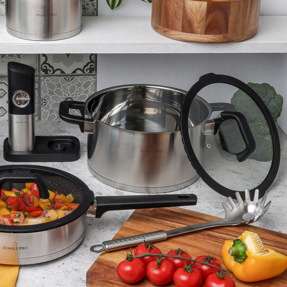 INDUKCINIS PUODAS su dangteliu, NERŪDijantis PLIENAS Starke Pro Rigor 5,7l 24cm