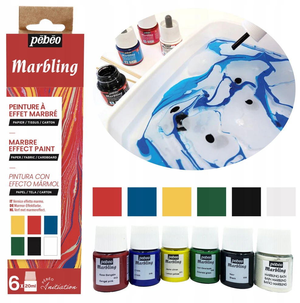 Iniciacijos rinkinys - PEBEO - Marmuravimo dažai - 6 buteliukai po 20 ml - Marmuravimo efektas - Ekonomiškas rinkinys