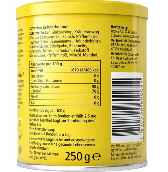 Inn Ricola szwajcarskie ziołowe cukierki na kaszel i chrypkę 250 g puszka su DE