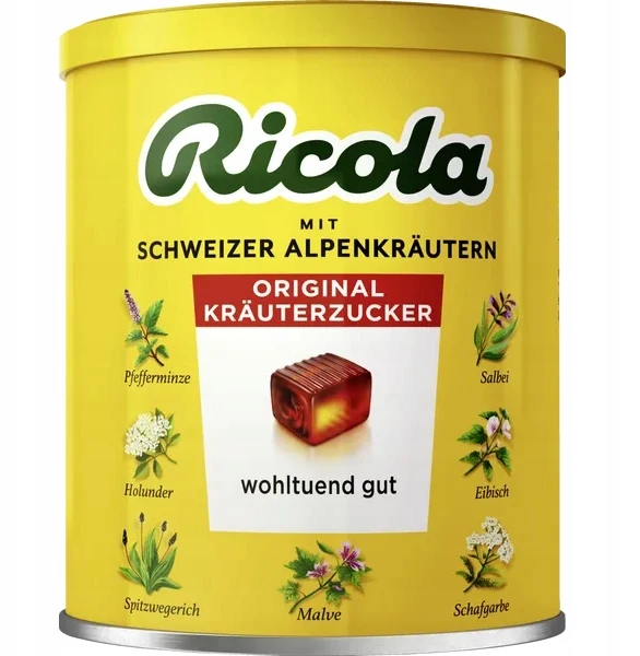 Inn Ricola szwajcarskie ziołowe cukierki na kaszel i chrypkę 250 g puszka su DE