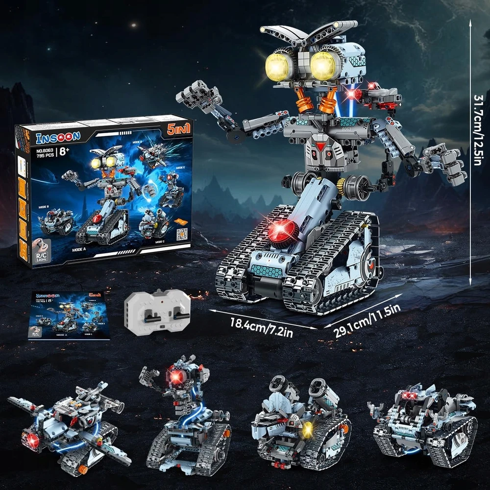 Insoon BLOKŲ ROBOTO NUOTOLINIO KONTROLĖ RC TANK TRANSPORTO PRIEMONĖS LED PROGRAMAVIMAS 5in1 755vnt.