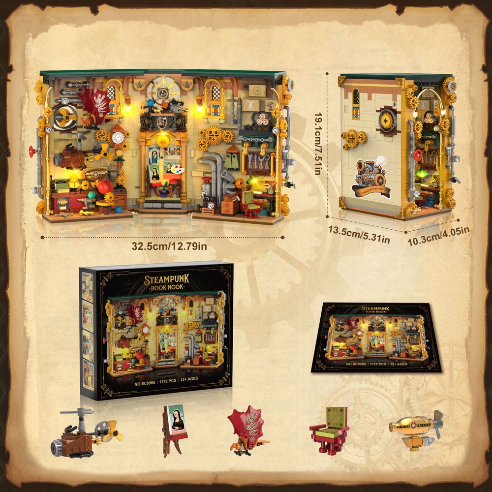 Insoon BOOK Blocks NOOK Dėlionė 3D HOUSE STEMPUNK BOOKSTORE LED 1178vnt DOVANAI