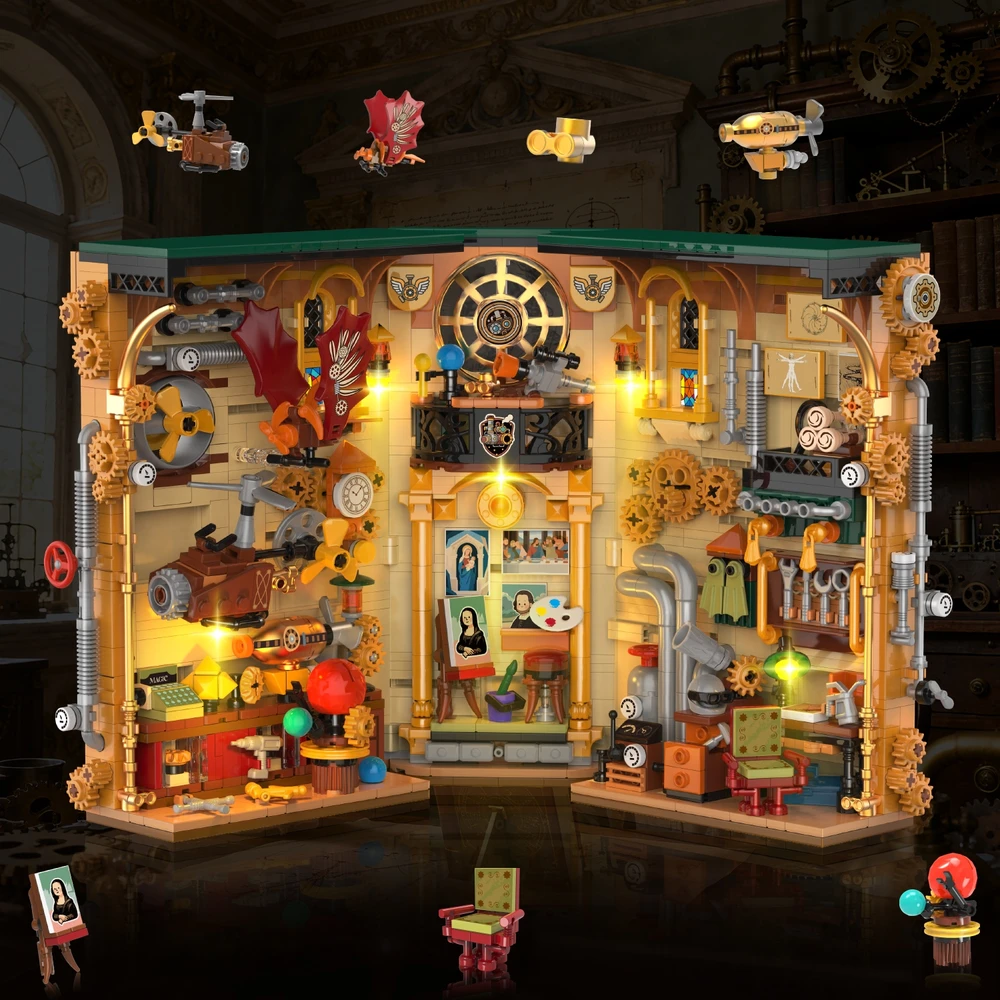 Insoon BOOK Blocks NOOK Dėlionė 3D HOUSE STEMPUNK BOOKSTORE LED 1178vnt DOVANAI