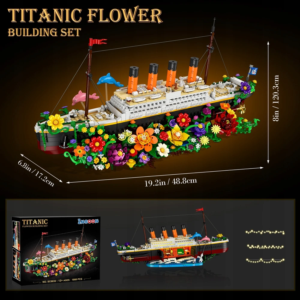 Insoon TITANIKO BLOKAI TITANIC SHIP KRUIZINIS LAIVAS LED 1860vnt FIGURINIŲ RINKINYS