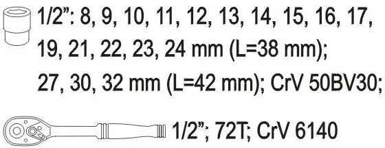 Galvučių komplektas Yato YT-38681; 1/2''; 19 vnt.