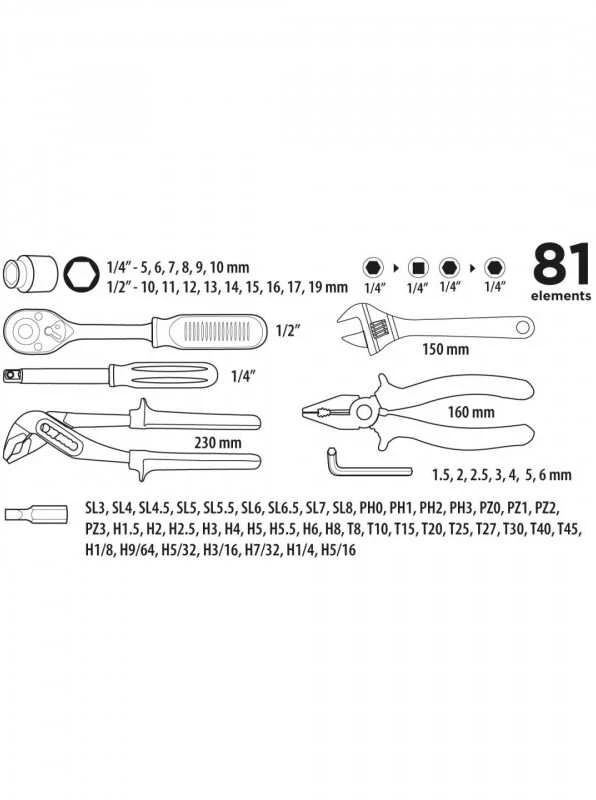 Įrankių rinkinys Top Tools 38D510, 81 vnt