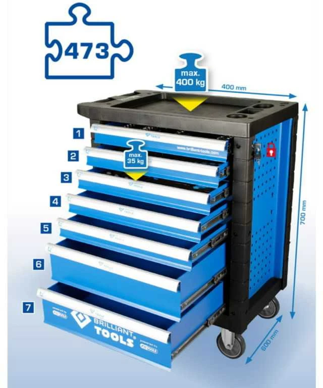 Įrankių vežimėlis Brilliant Tools 7 stalčių su 473 įrankiais