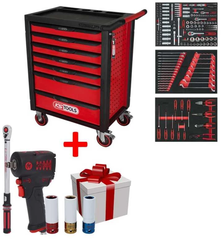 215 dalių įrankių vežimėlis KS TOOLS RACINGline, 7 stalčiai, su priedais