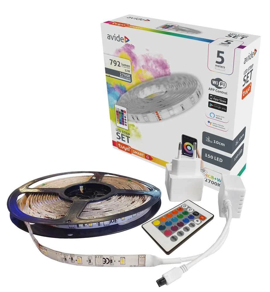 Avide Smart LED juosta 22W/m RGB+W WiFi su pultu, 5m IP65