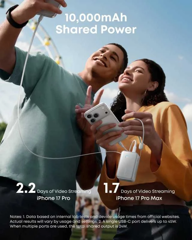 „Anker Nano“ išorinė baterija, 45 W, su integruotu ištraukiamu USB-C laidu | A1638H11 | 10000 mAh | Juodas