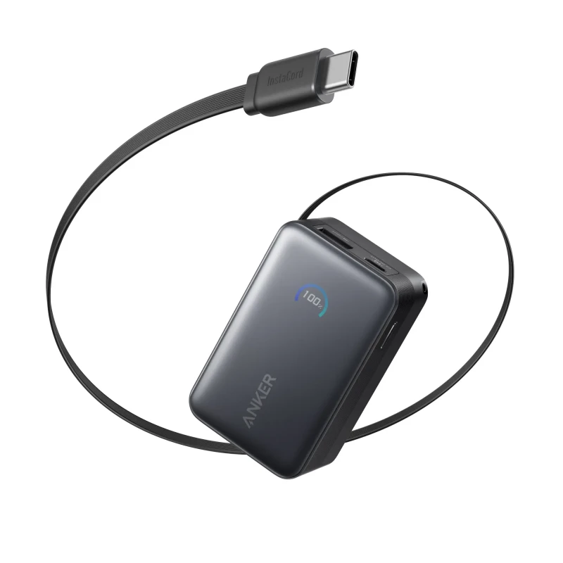 „Anker Nano“ išorinė baterija, 45 W, su integruotu ištraukiamu USB-C laidu | A1638H11 | 10000 mAh | Juodas