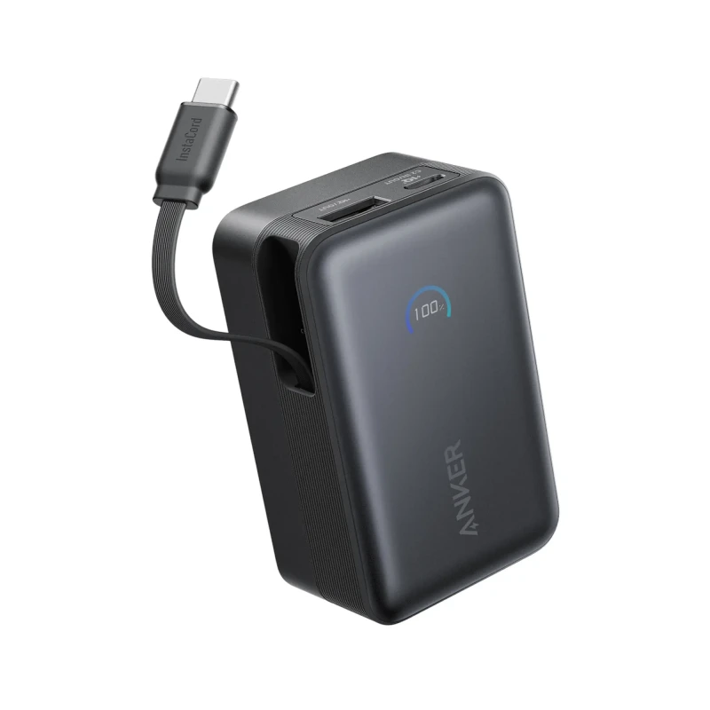 „Anker Nano“ išorinė baterija, 45 W, su integruotu ištraukiamu USB-C laidu | A1638H11 | 10000 mAh | Juodas