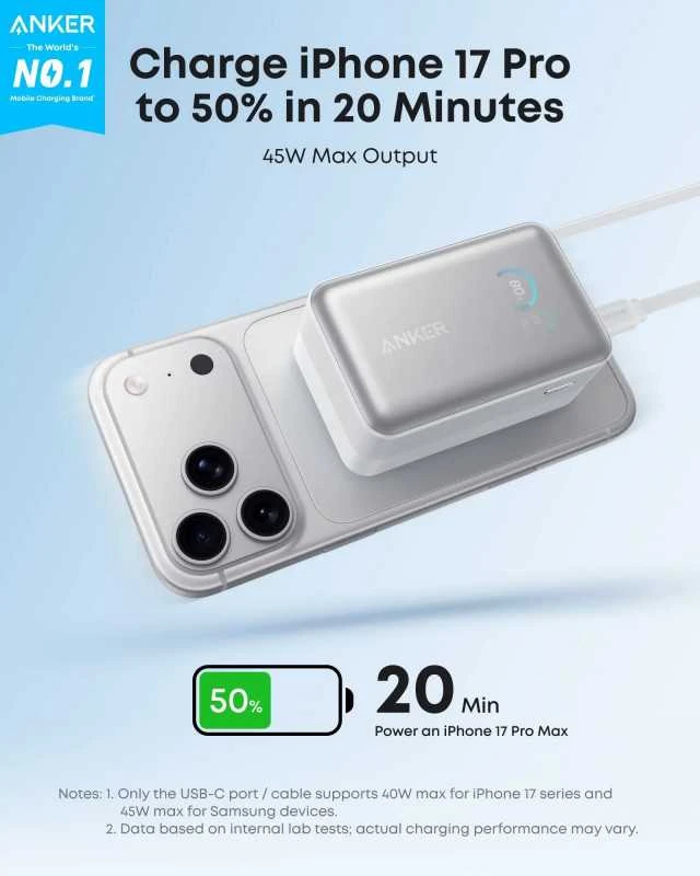 „Anker Nano“ išorinė baterija, 45 W, su integruotu ištraukiamu USB-C laidu | A1638H11 | 10000 mAh | Juodas