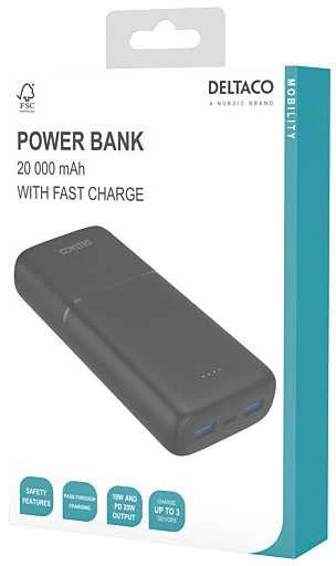 Išorinė baterija DELTACO 20 000 mAh, 2 x USB-A 18 W, 1 x USB-C PD 20 W / PB-C1008