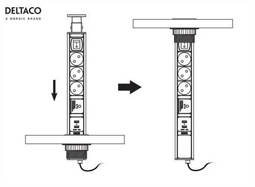 Iššokanti maitinimo juosta DELTACO OFFICE su apsauga nuo viršįtampių, 3x EU kištukai, 2x USB, juoda/sidabrinė / DELO-0402