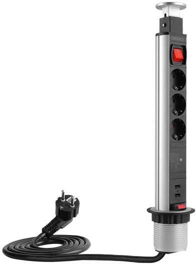 Iššokanti maitinimo juosta DELTACO OFFICE su apsauga nuo viršįtampių, 3x EU kištukai, 2x USB, juoda/sidabrinė / DELO-0402