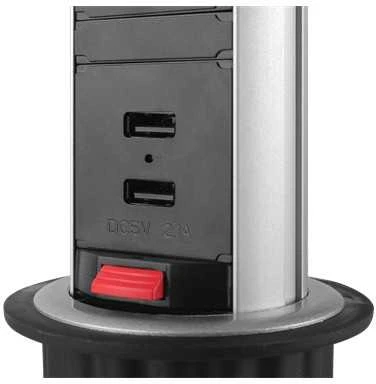 Iššokanti maitinimo juosta DELTACO OFFICE su apsauga nuo viršįtampių, 3x EU kištukai, 2x USB, juoda/sidabrinė / DELO-0402