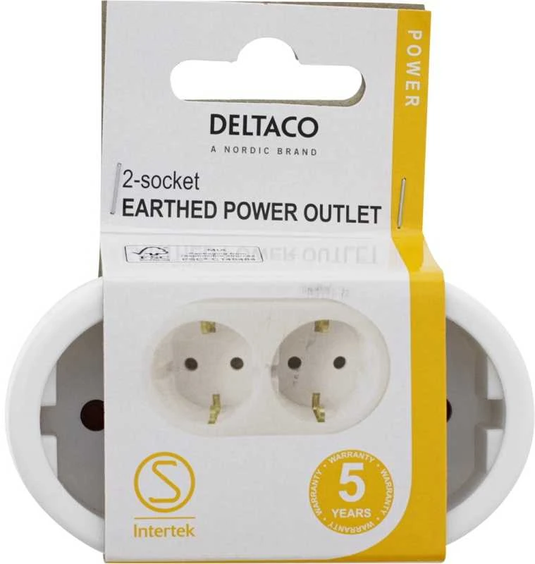 Įžemintas elektros lizdas DELTACO 2 lizdai, baltas / GT-987