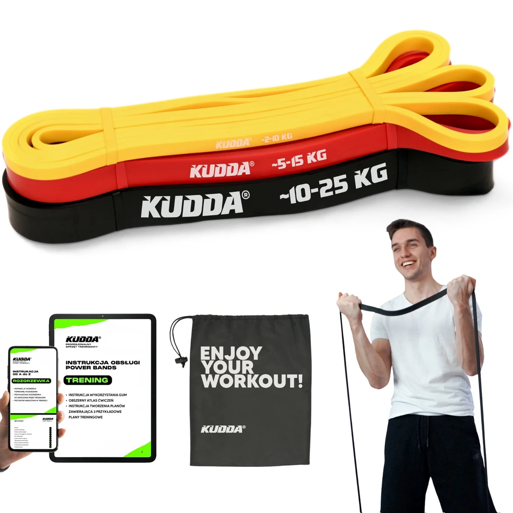 Jėgos juostų rinkinys – 3 atsparumo juostos, aukštos kokybės Kudda fitneso juostos