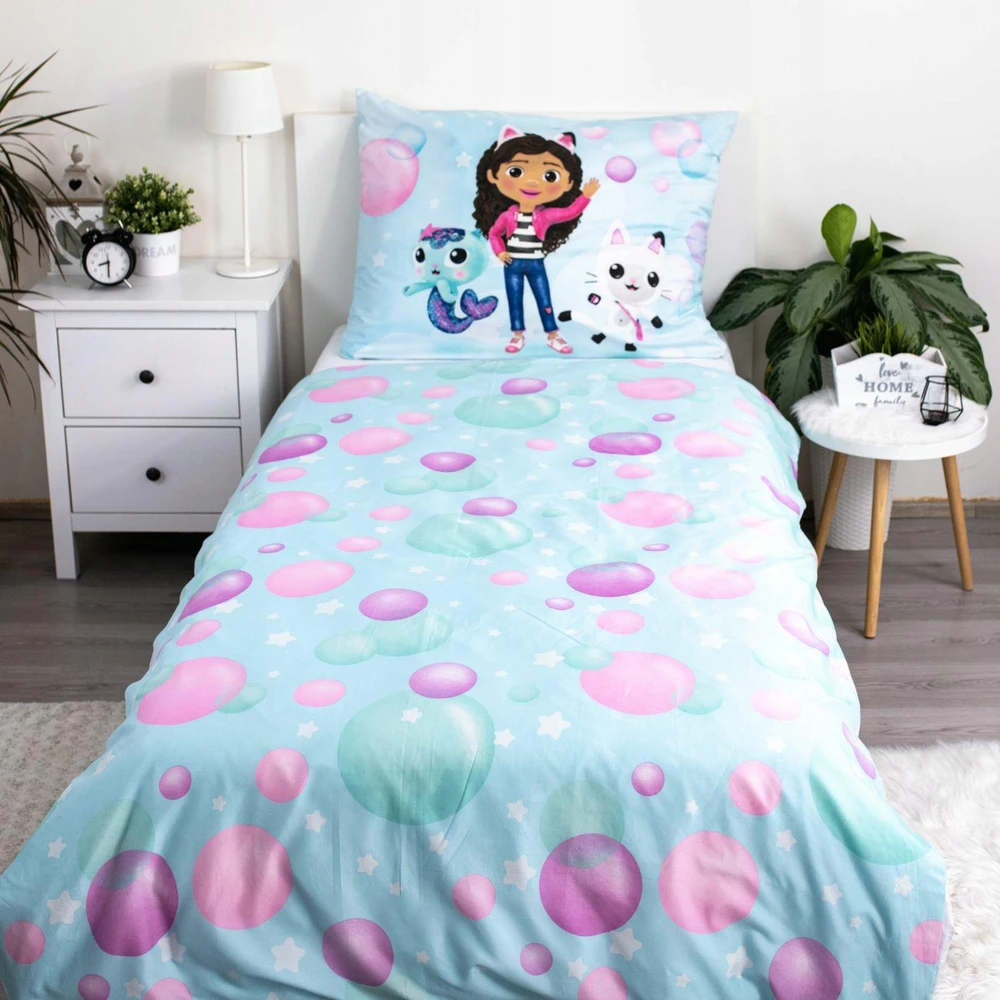 Jerry Fabrics Vaikiška patalynė 140x200 Gabijos katės namas mėlynas burbulų pagalvės užvalkalas 70x90
