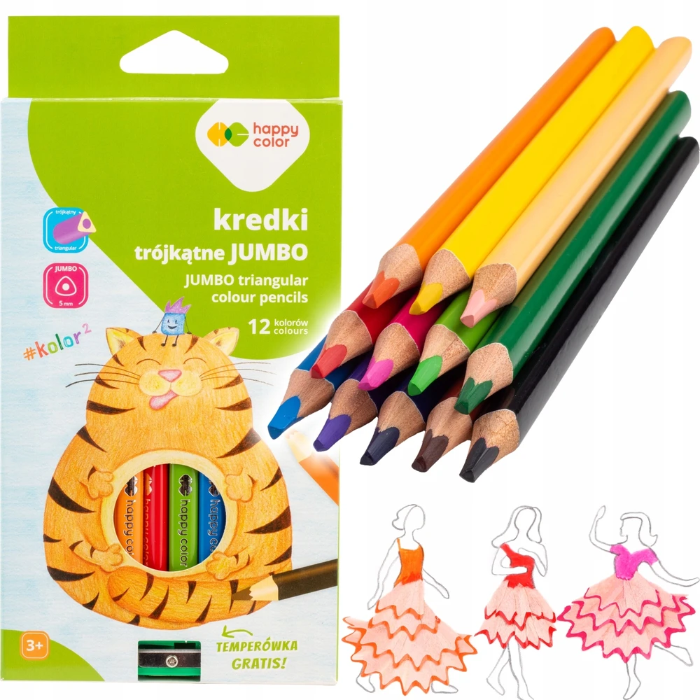 Jumbo 12 spalvų kreidelės su drožtuku Happy Color