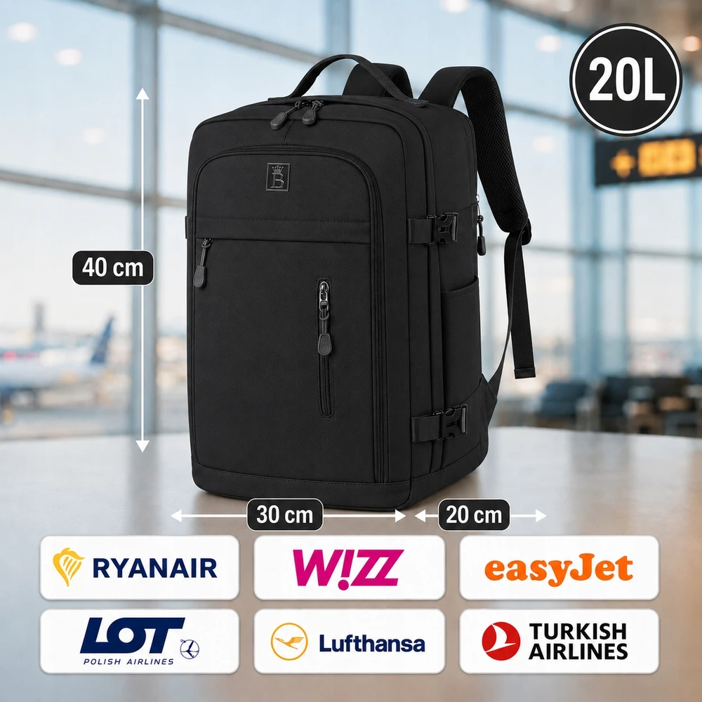 Juoda kuprinė rankinis bagažas 40x30x20 Ryanair Wizz Air salonas 20L