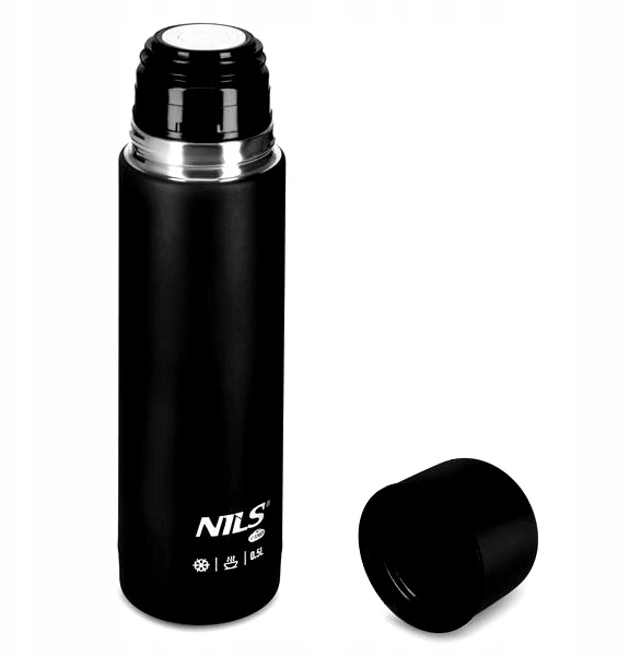 Juodas kelioninis termosas Nils Camp 0.5l, nerūdijantis plienas, 12/24h
