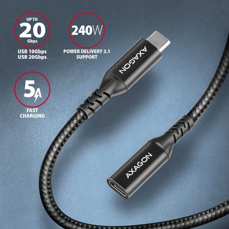 Axagon Extension USB 20Gbps kabelio ilgis 1.5 m. PD 240W, 5A, 8K HD video. Juodas braided.
