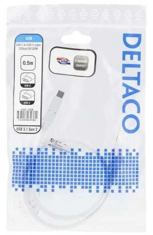 Kabelis DELTACO USB-C į USB-C, 0,5 m, 10 Gbps, 100 W 5A, USB 3.1 Gen 2, E-Market, baltas / USBC-1406