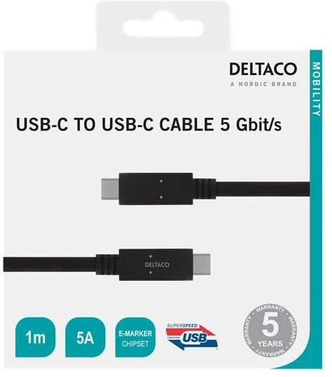 Kabelis DELTACO USB-C - USB-C, 5Gbit/s, 5A, 1M, juodas / USBC-1501M