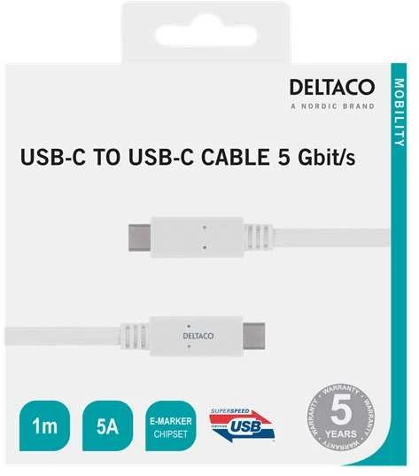 Kabelis DELTACO USB-C - USB-C, 5Gbit / s, 5A, 1M, baltas / USBC-1502M