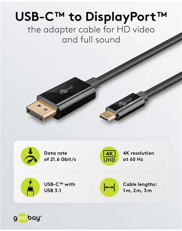 „Goobay“ USB-C–DisplayPort kabelis, 4K, 60 Hz, 1 m | 75704