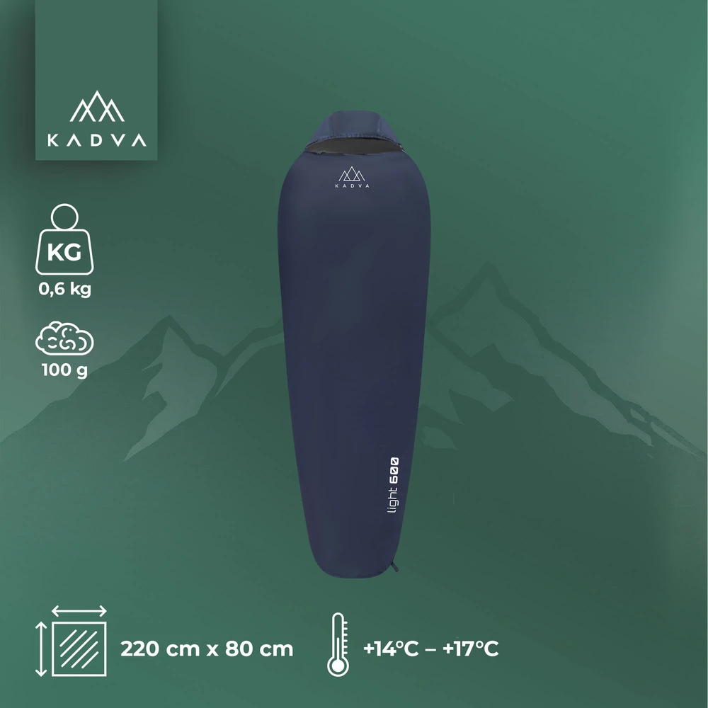 KADVA Light 600 R miegmaišis, dešinysis, tamsiai mėlynas, 220x80 Tourist su užvalkalu Light