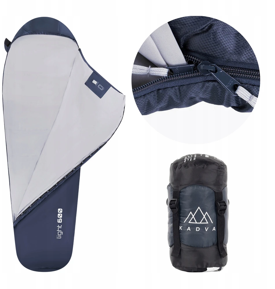 KADVA Light 600 R miegmaišis, dešinysis, tamsiai mėlynas, 220x80 Tourist su užvalkalu Light