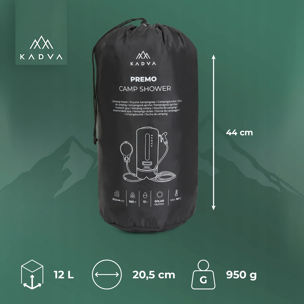 KADVA Premo kempingo dušas 12 l juodas KEMPINGUI SU RANKELĖMIS STOVYKLAI
