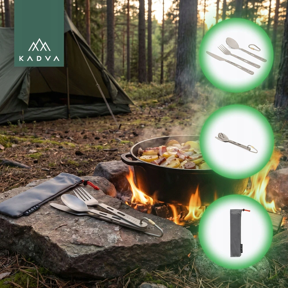 KADVA turistiniai stalo įrankiai / titano itin lengvi 60g / PEILIS + ŠAKŠTAS + Šakutė