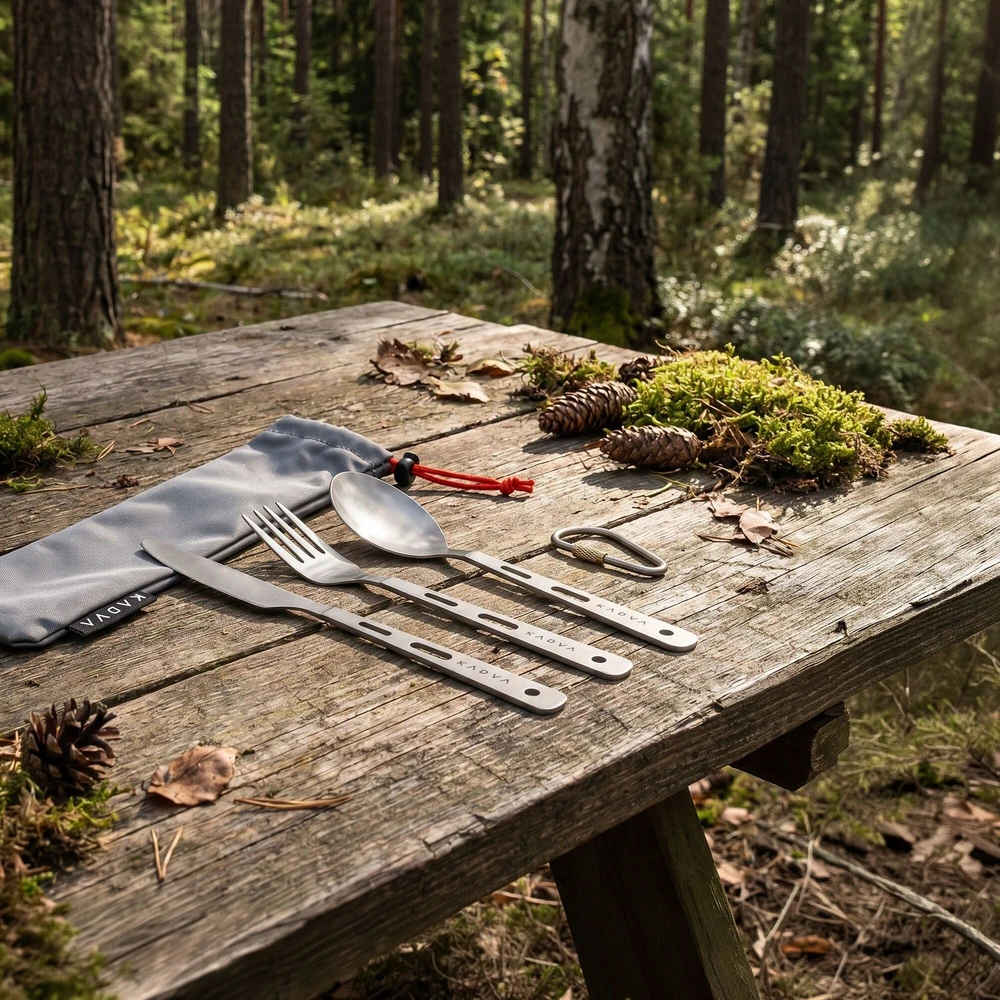 KADVA turistiniai stalo įrankiai / titano itin lengvi 60g / PEILIS + ŠAKŠTAS + Šakutė