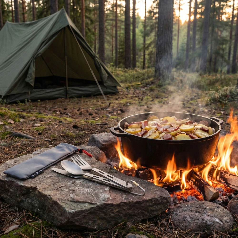 KADVA turistiniai stalo įrankiai / titano itin lengvi 60g / PEILIS + ŠAKŠTAS + Šakutė