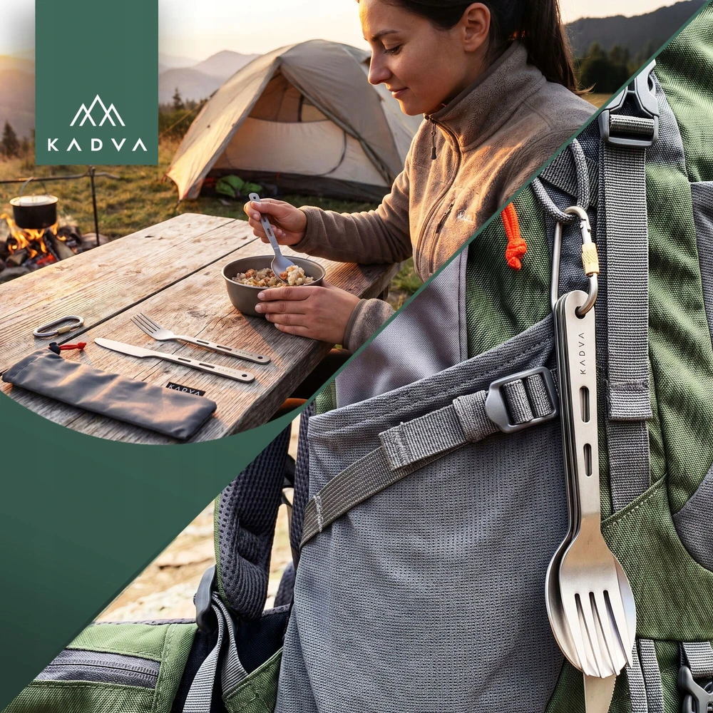 KADVA turistiniai stalo įrankiai / titano itin lengvi 60g / PEILIS + ŠAKŠTAS + Šakutė