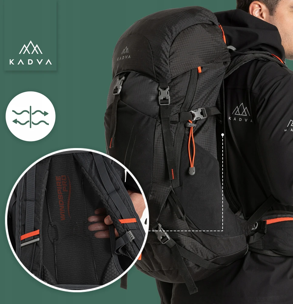 KADVA VAGABUNDO ŽYGIŲ KUPRINĖ 40l Juodas KALNŲ TREKKINĖ DENGALIS