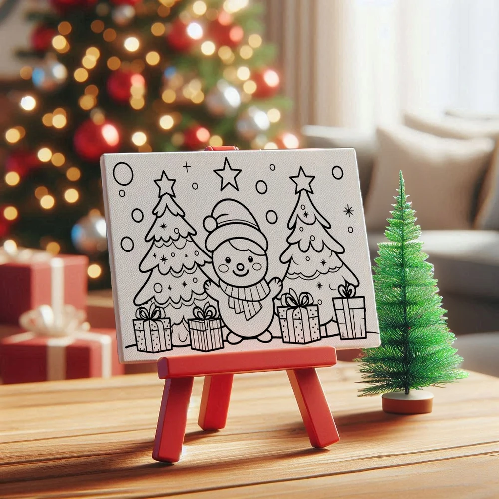Kalėdinis tapybos rinkinys molbertas + teptukas + dažai + drobė 10x15 cm artmaker sniego žmogus