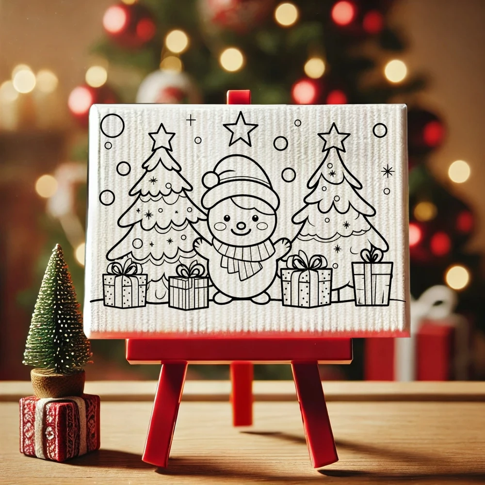 Kalėdinis tapybos rinkinys molbertas + teptukas + dažai + drobė 10x15 cm artmaker sniego žmogus