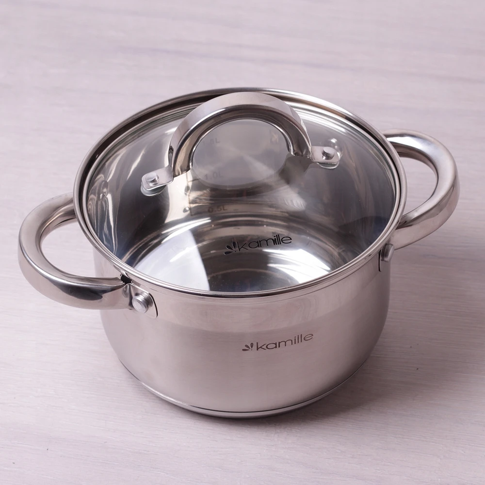 Kamille VIRTUVĖS PUODAS PLIENAS 2.1 LGAZ TRADICINĖ INDUKCIJA 16 CM SU dangteliu