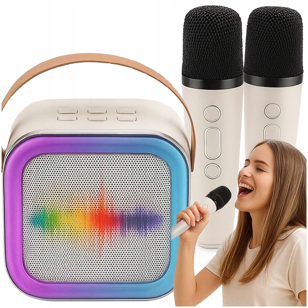 KARAOKĖS RINKINYS 2 MIKROFONAI BELAIDIS BLUETOOTH GALBARIASIS SUPER GARSU