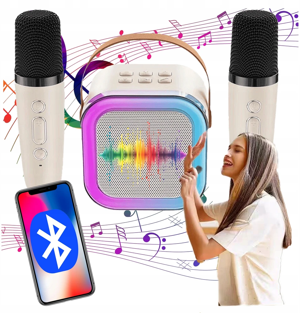 KARAOKĖS RINKINYS 2 MIKROFONAI BELAIDIS BLUETOOTH GALBARIASIS SUPER GARSU