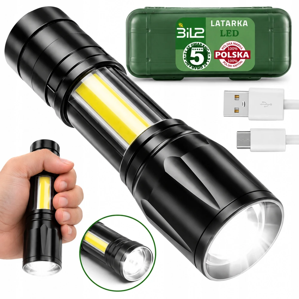 Karinis LED ZOOM taktinis žibintuvėlis, stiprus, įkraunamas, daugiafunkcis USB